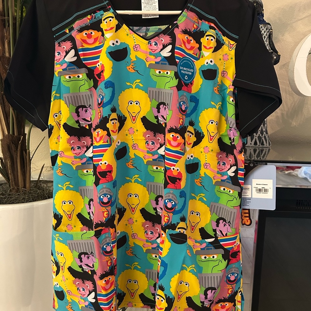 Colorful Cartoon Print Scrub Top